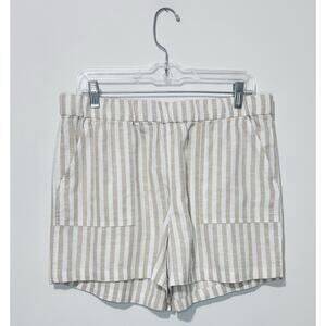 J Crew Womens Shorts M Linen White Beige Stripped Pockets Elastic Waist NWT